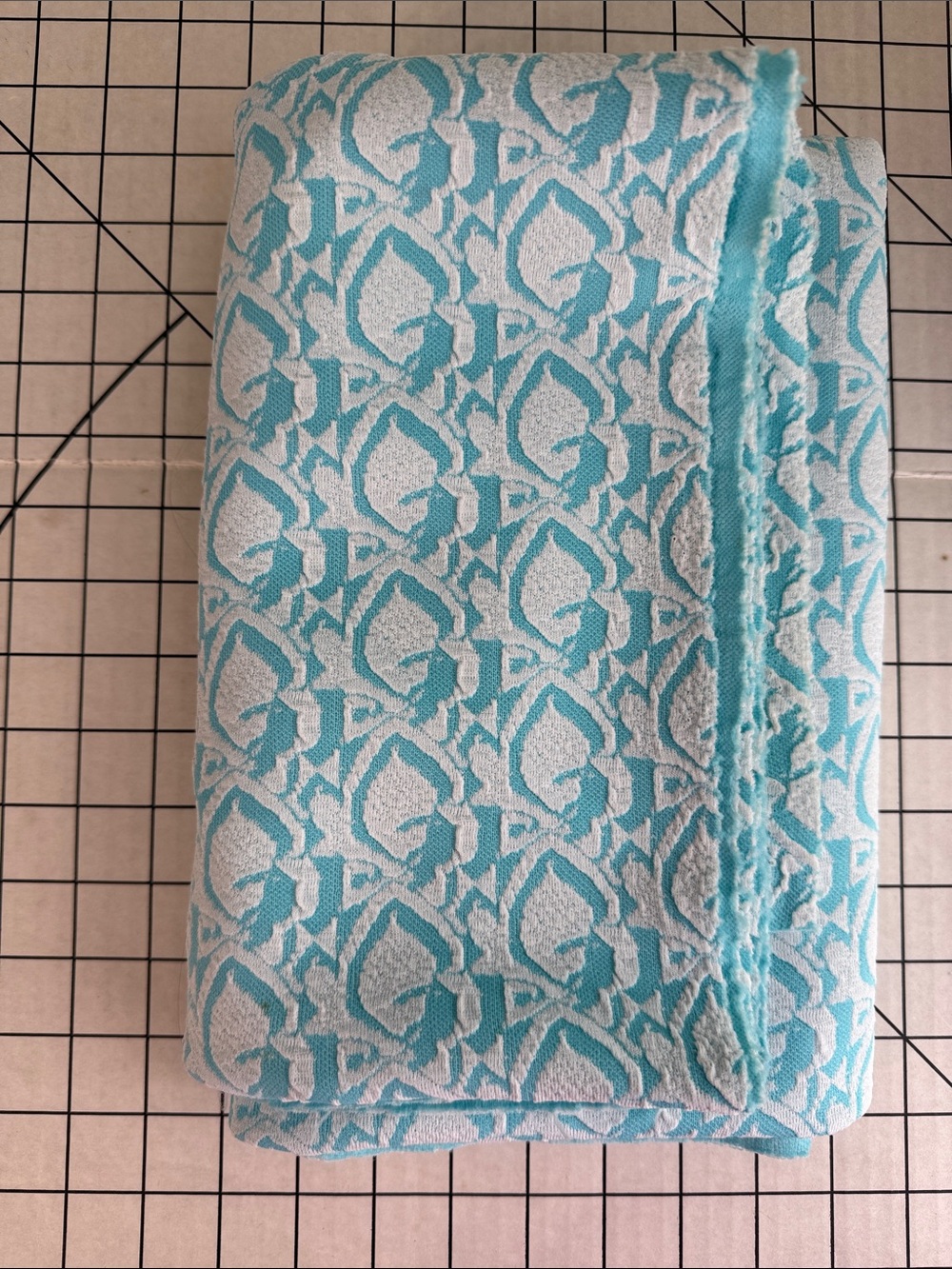 Vintage 1970s Aqua & White Textured Polyester Double Knit Fabric 1⅛ Yards x 62”